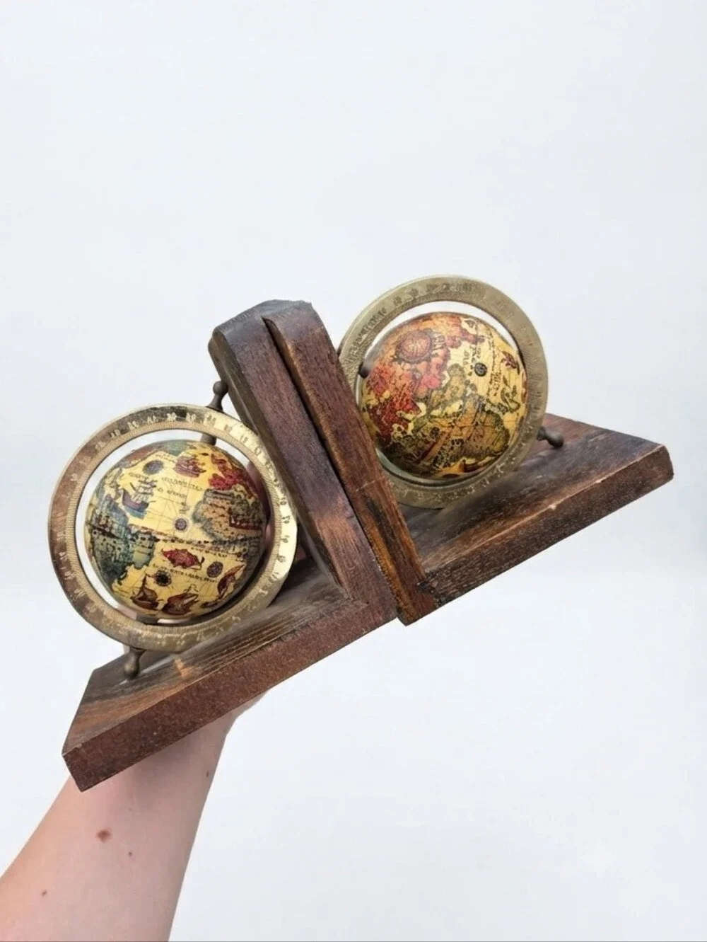 Vintage Gifts 'Round the World Japan Old World Map Globe Wooden Bookends Pair